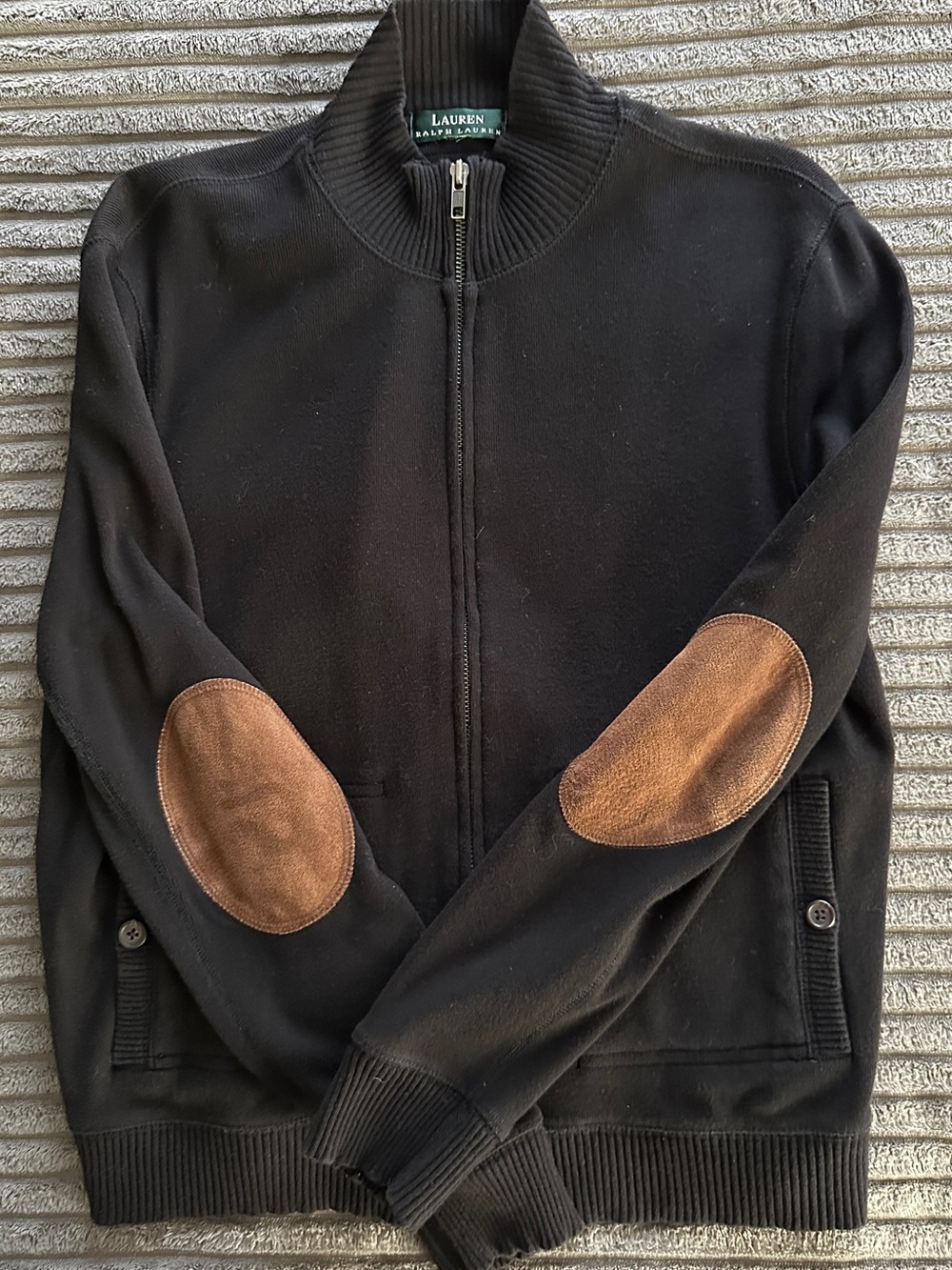 Lauren Ralph Lauren Sweater Jacket- Estimated Size Large- Black- Brown Leather E